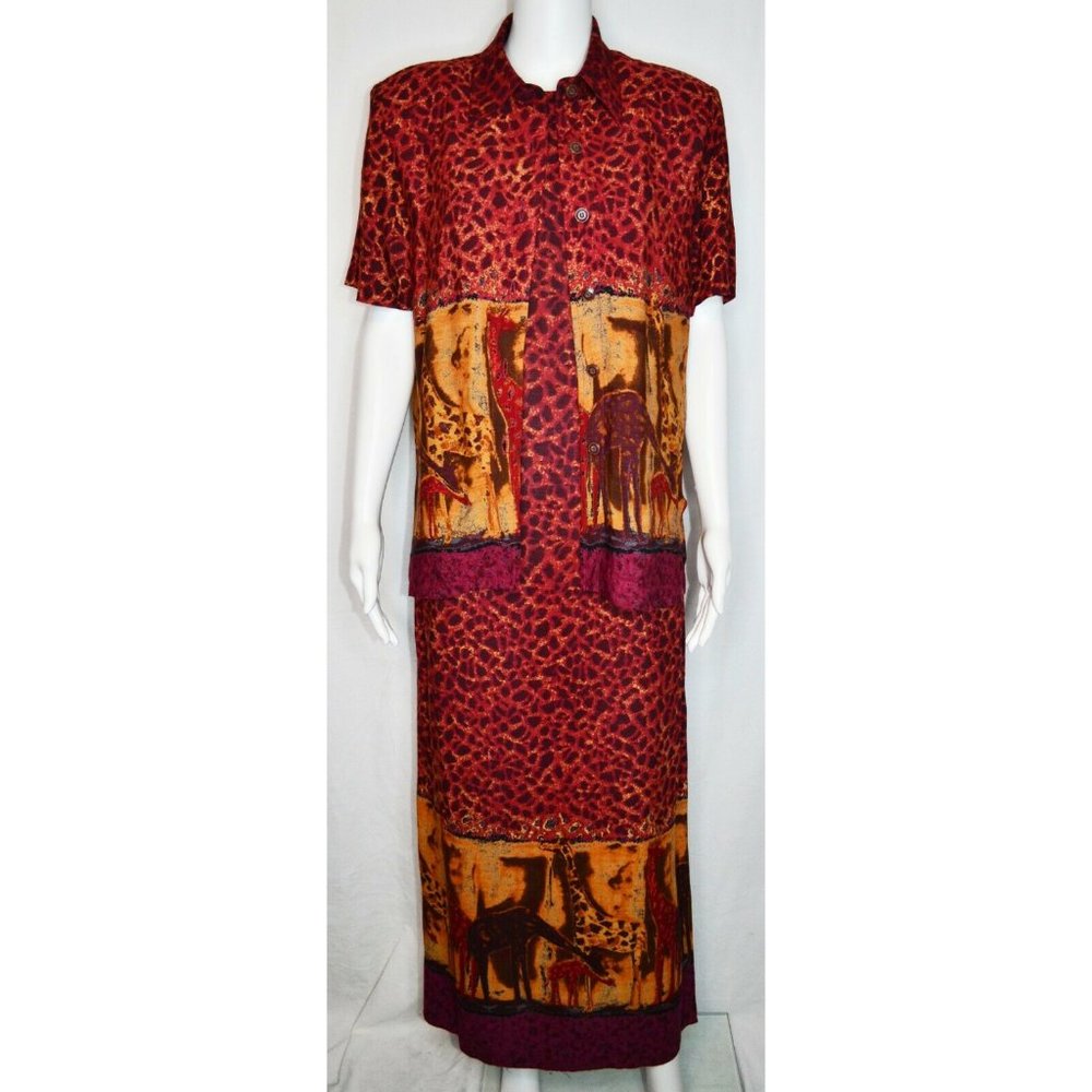 Vintage 80s Karin Stevens Two Piece Giraffe Print Maxi Dress With Shirt Size 10